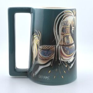 Sascha Brastoff California MCM Signed Horse Ceramic Mug Gold Gilt Teal 070